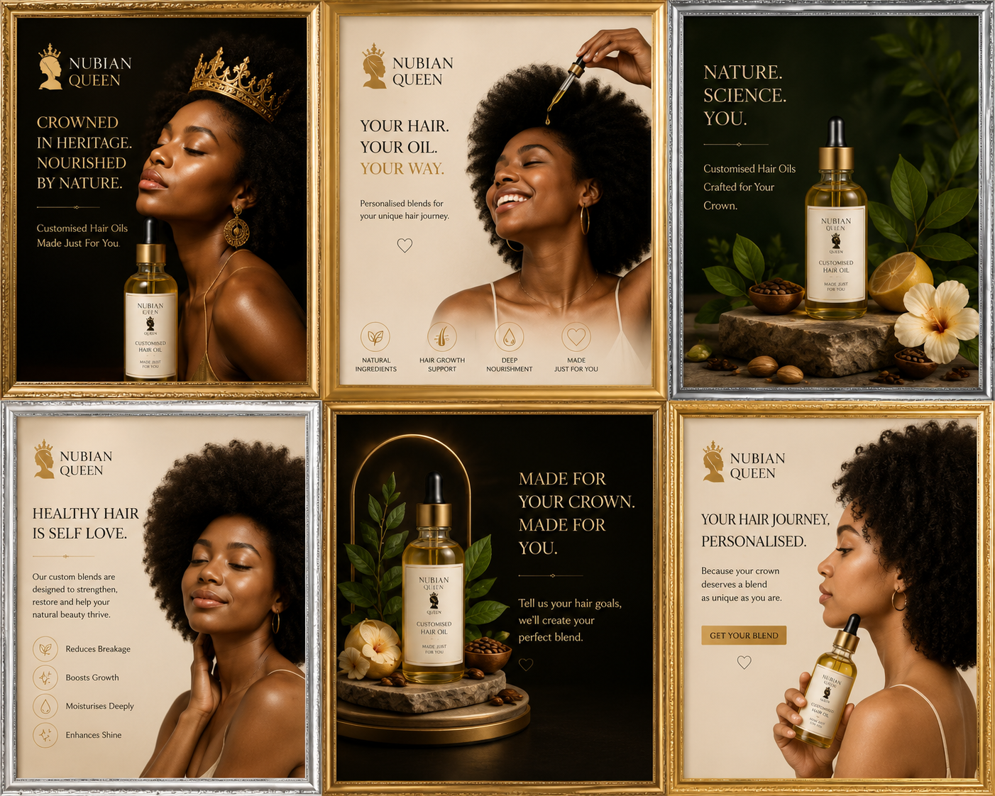 Nubian Queen promotional collage featuring custom hair oil