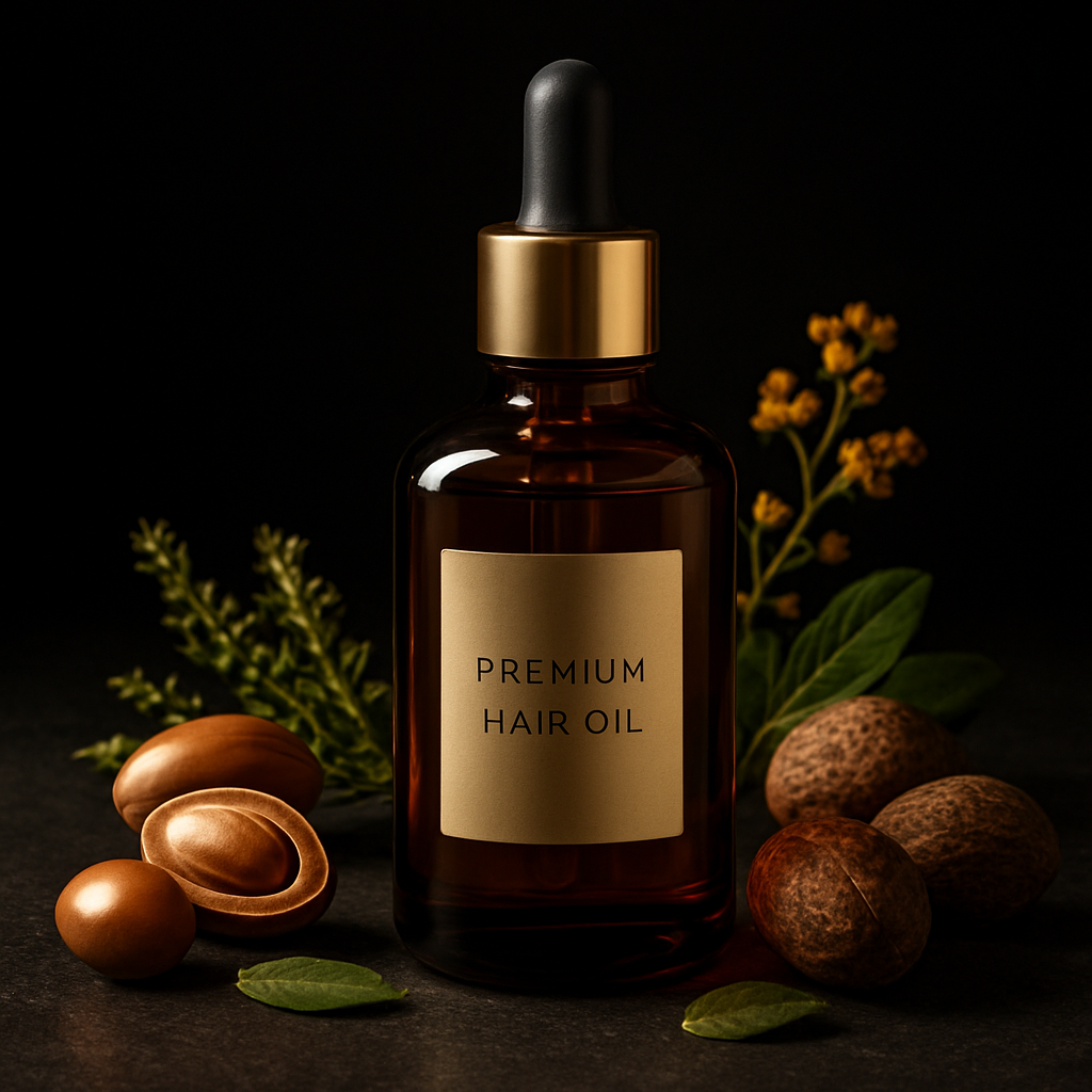 Premium custom hair oil surrounded by natural ingredients